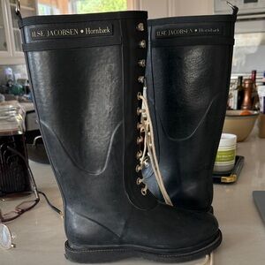 Ilse Jacobsen Black Lace-Up Tall Rain Boots with Contrast Laces